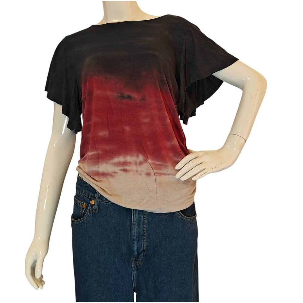 Moon Sky Tie Dye Top Flutter Sleeve Ombre V Back Boho USA Made Small